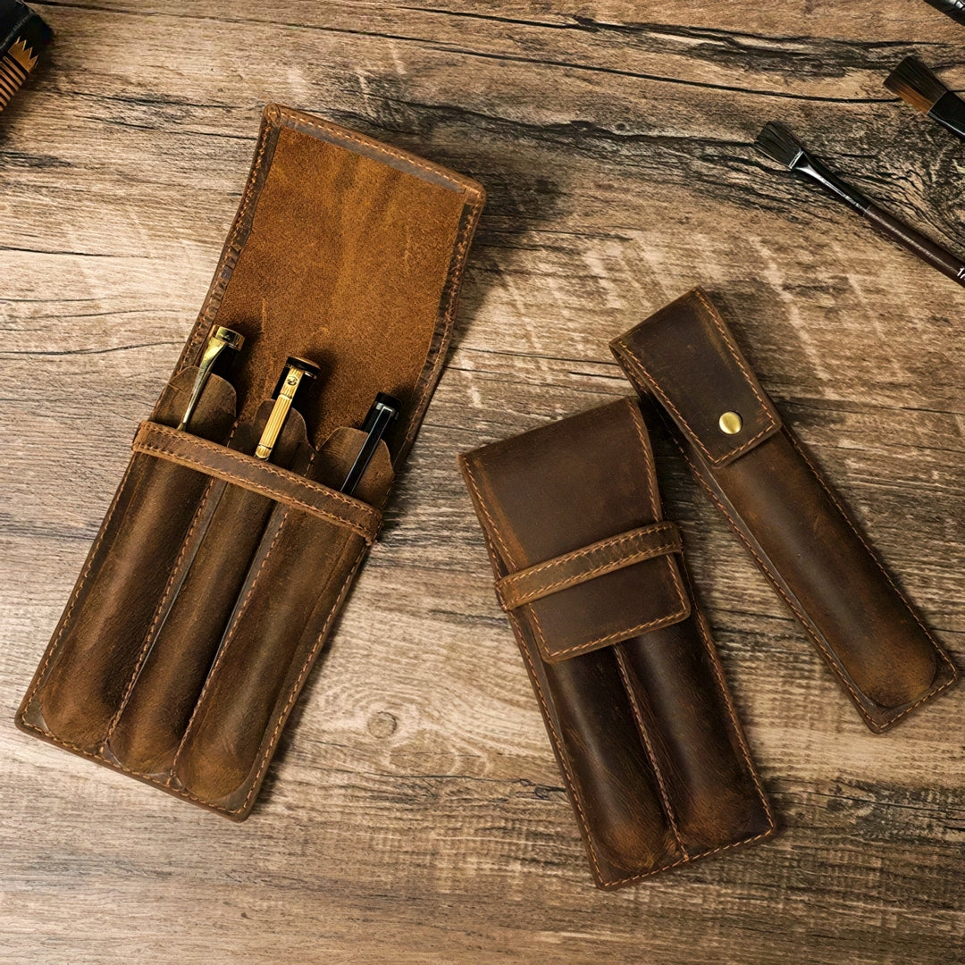 Retro Cowhide Leather Pen Case with 1/2/3 Slots