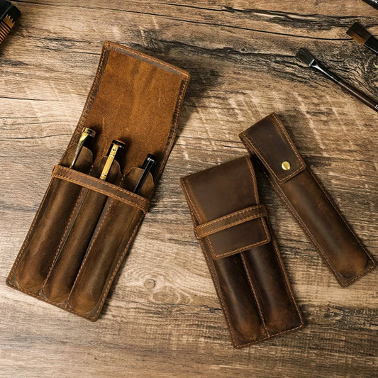 Retro Cowhide Leather Pen Case with 1/2/3 Slots