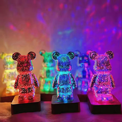 Three colorful crystal bear figurines on stands with a vibrant, multicolored background.
