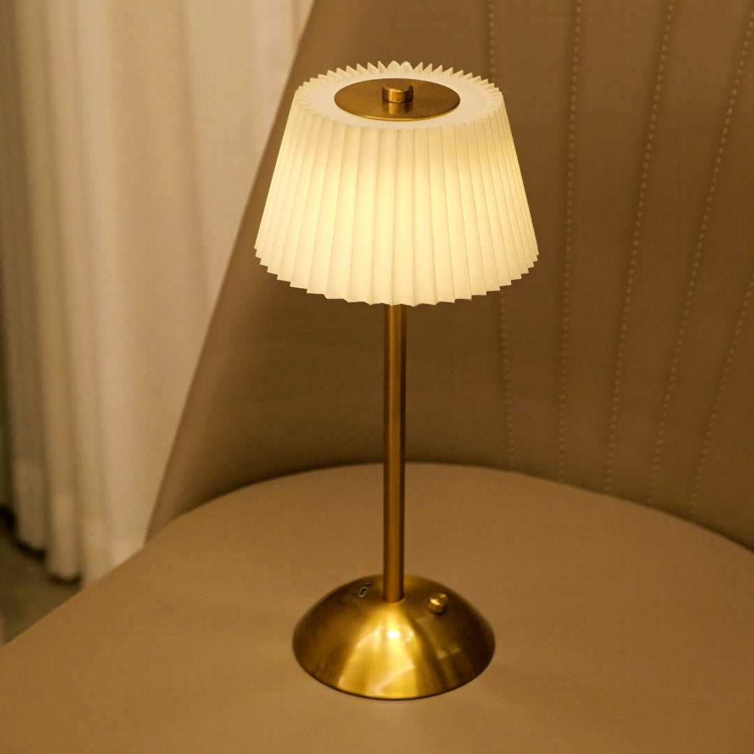 Rechargeable Metal Table Lamp with Pleated Lamp Shade