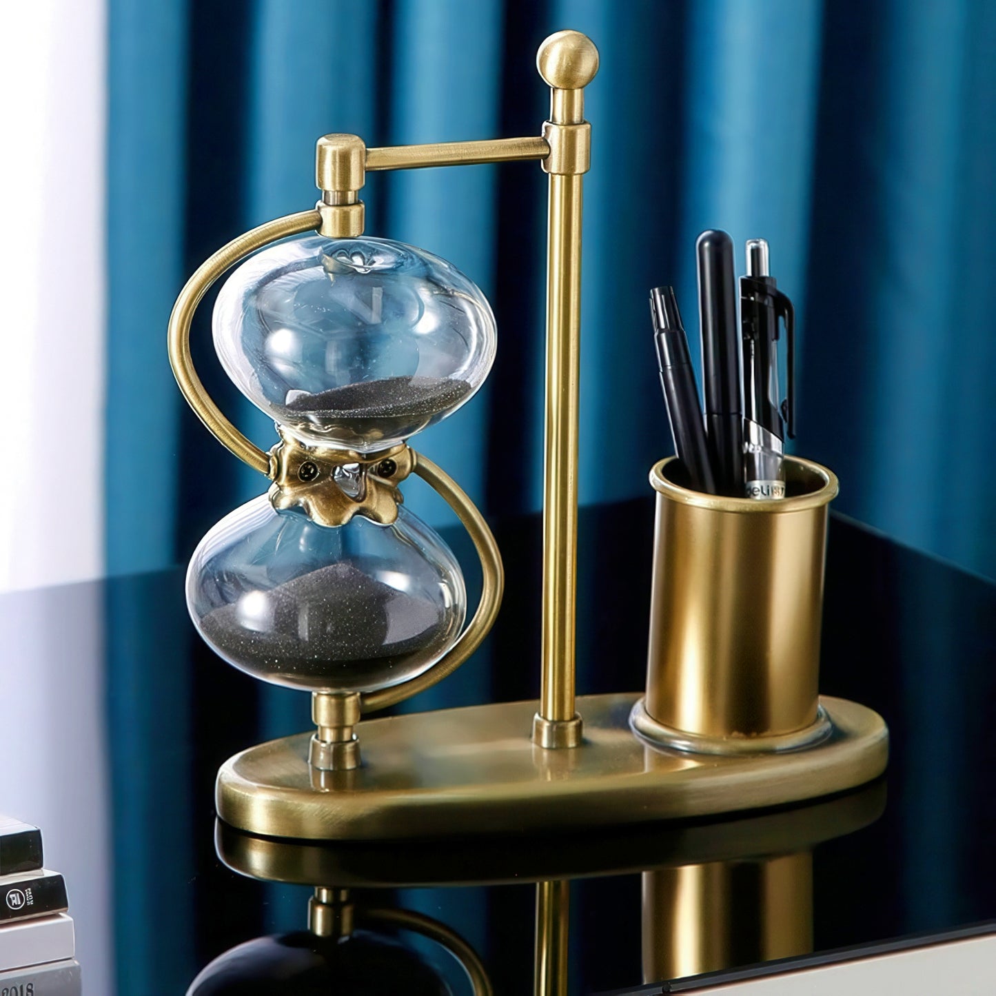 Retro Brass Hourglass with Pen Holder