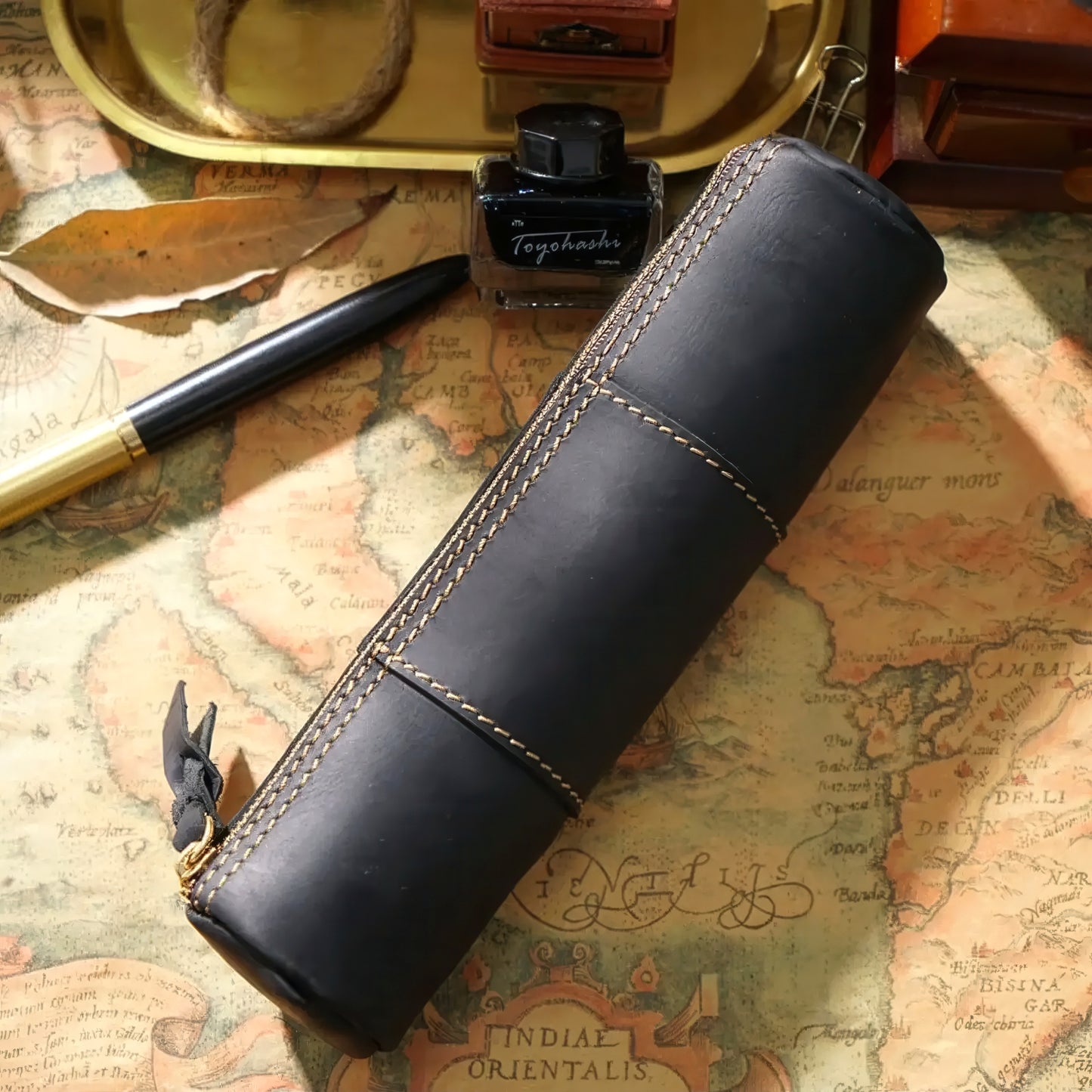 Dyed Cowhide Zipper Pencil Case