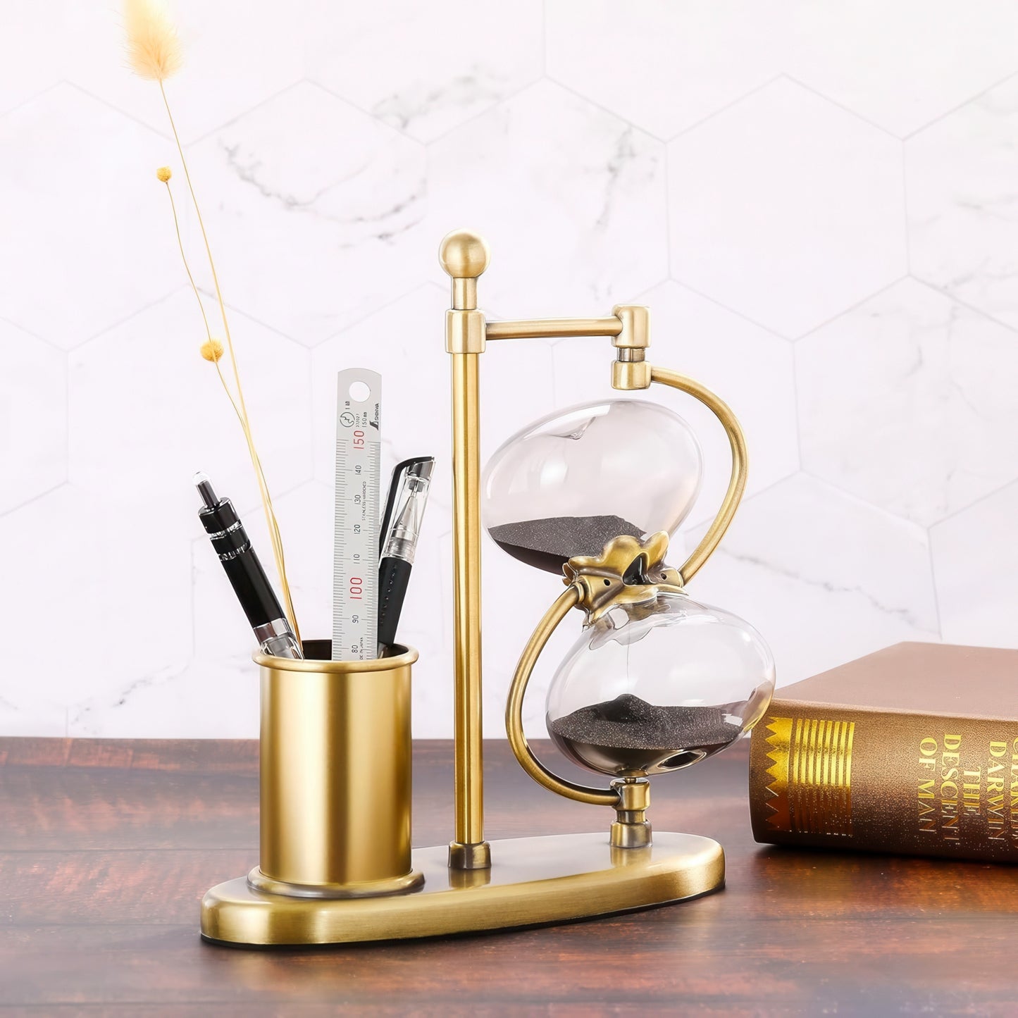 Retro Brass Hourglass with Pen Holder