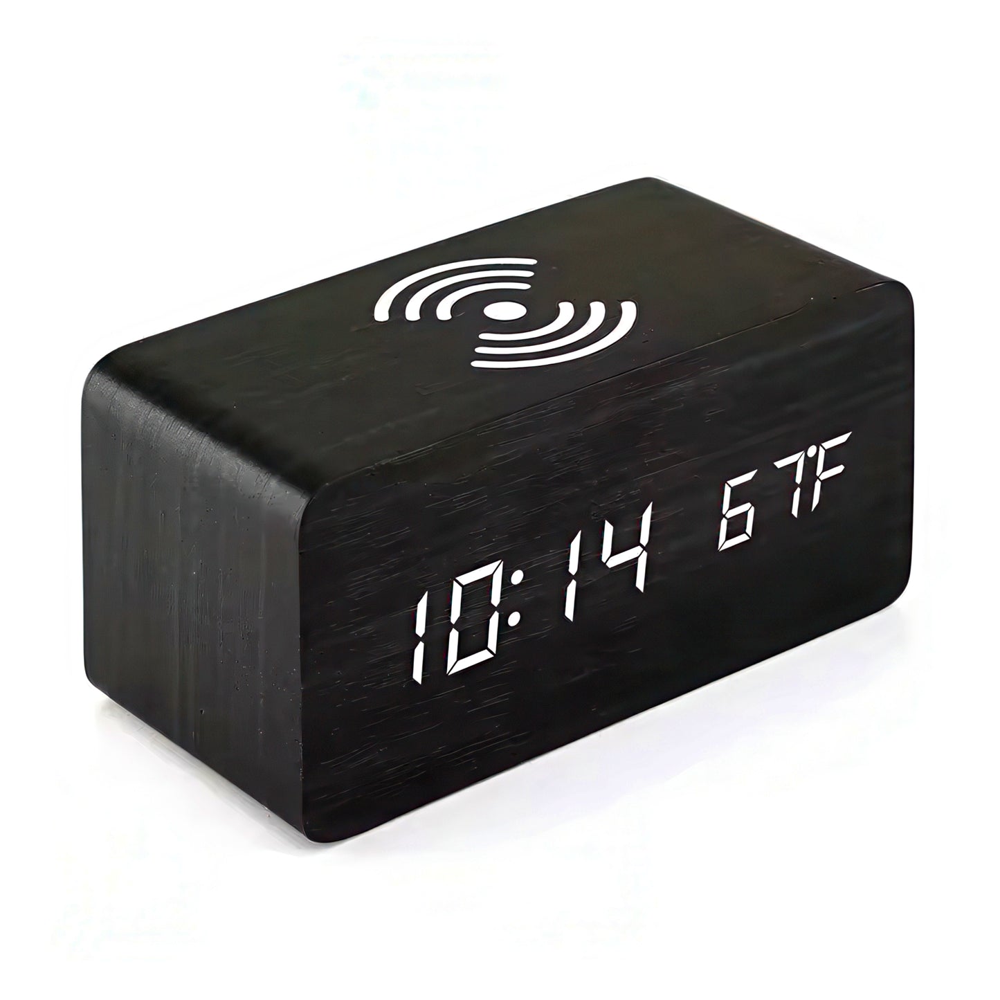 Black digital clock with LED display on a white background