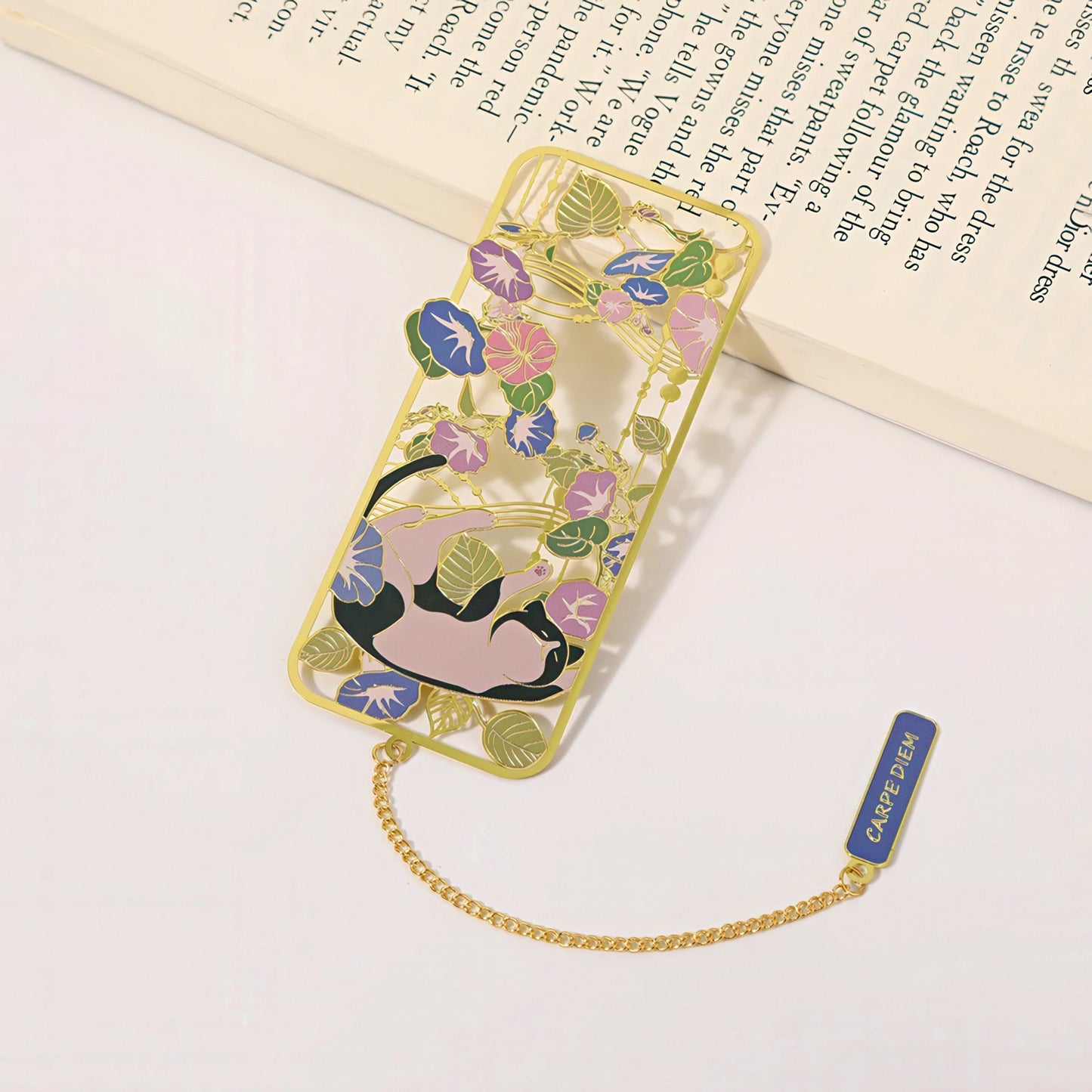 Cat and Flowers Themed Metal Bookmark