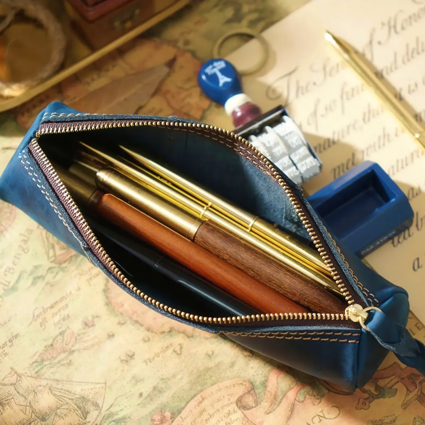 Dyed Cowhide Zipper Pencil Case