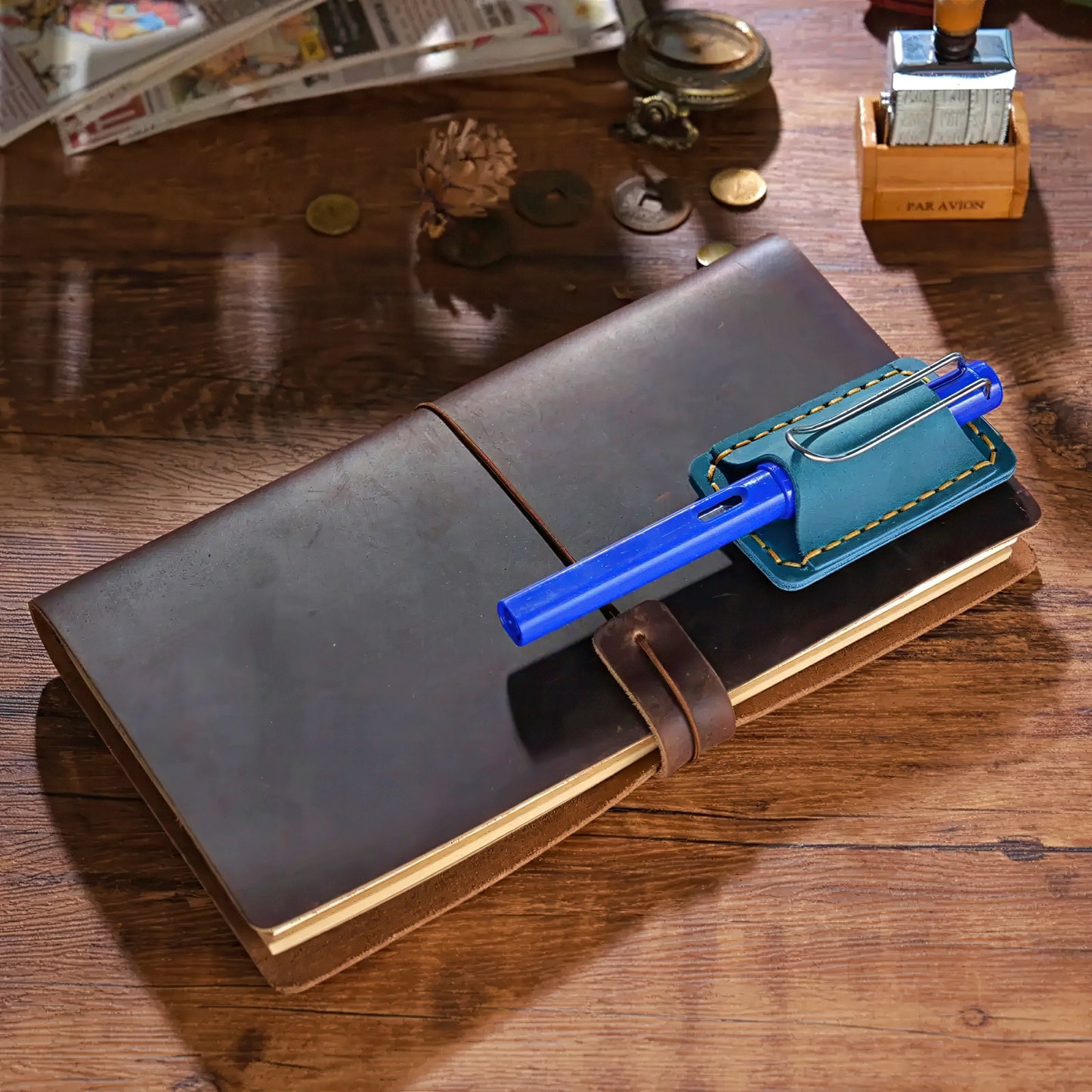 Dyed Cowhide Pen Holder with Metal Clip