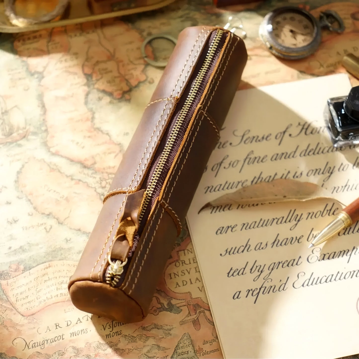 Dyed Cowhide Zipper Pencil Case