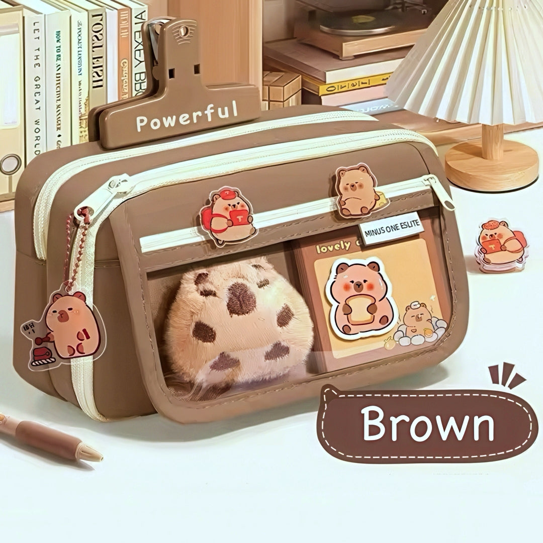 Large Capacity Pencil Case with Capybara Themed Accessories