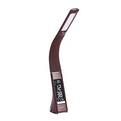 Brown LED desk lamp with digital display on a white background