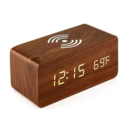 Wooden digital clock with LED display on a white background