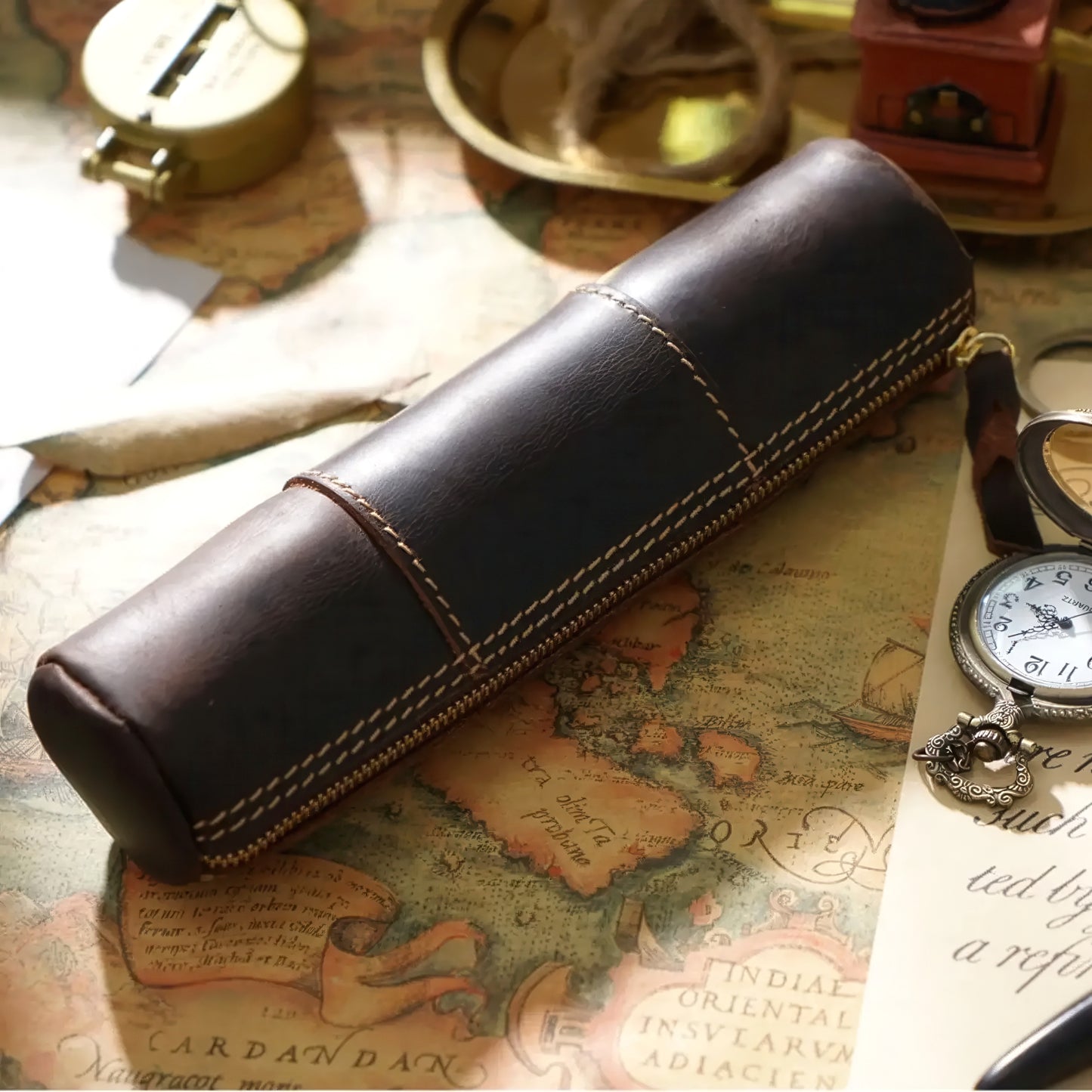 Dyed Cowhide Zipper Pencil Case