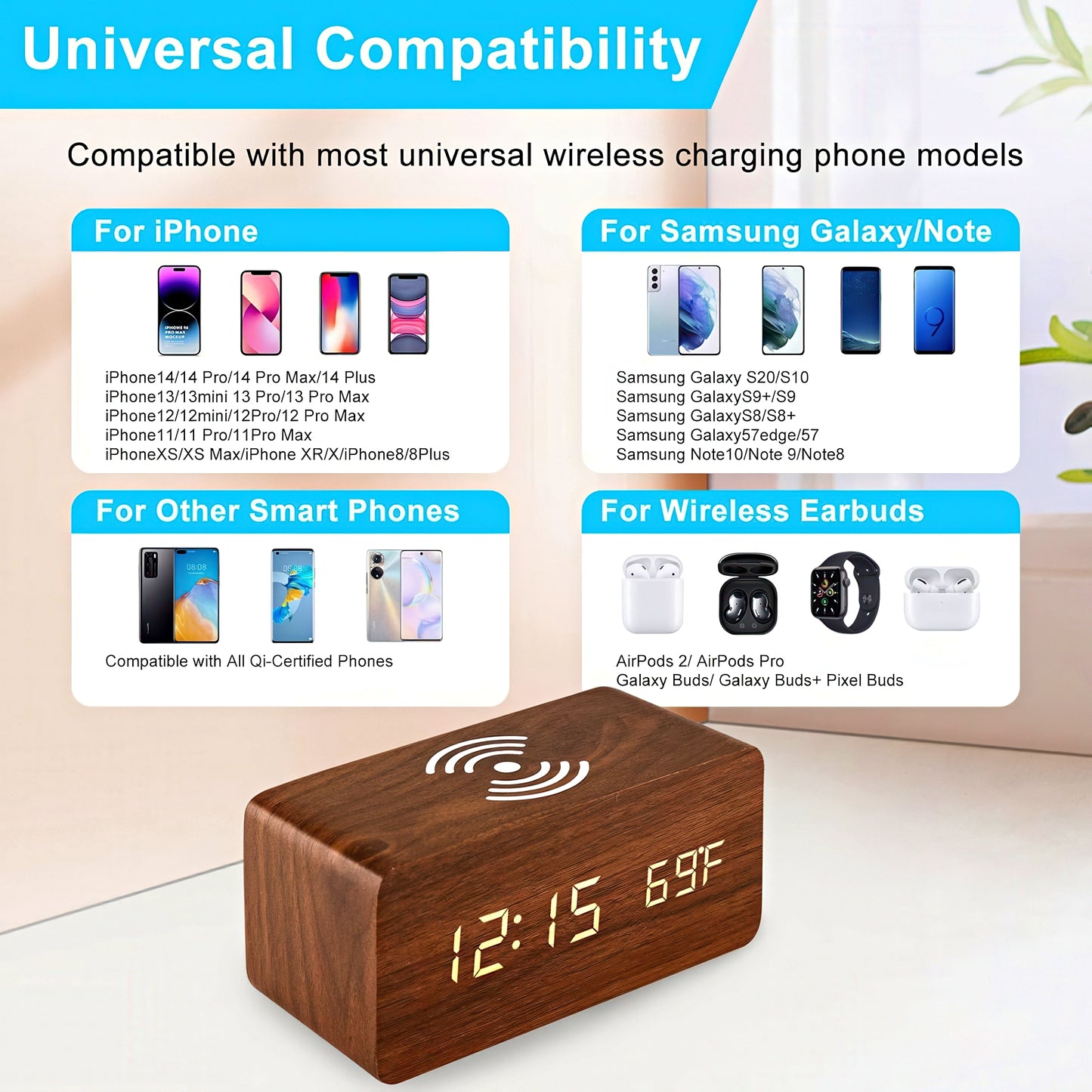 Wooden Alarm Clock with Wireless Charging