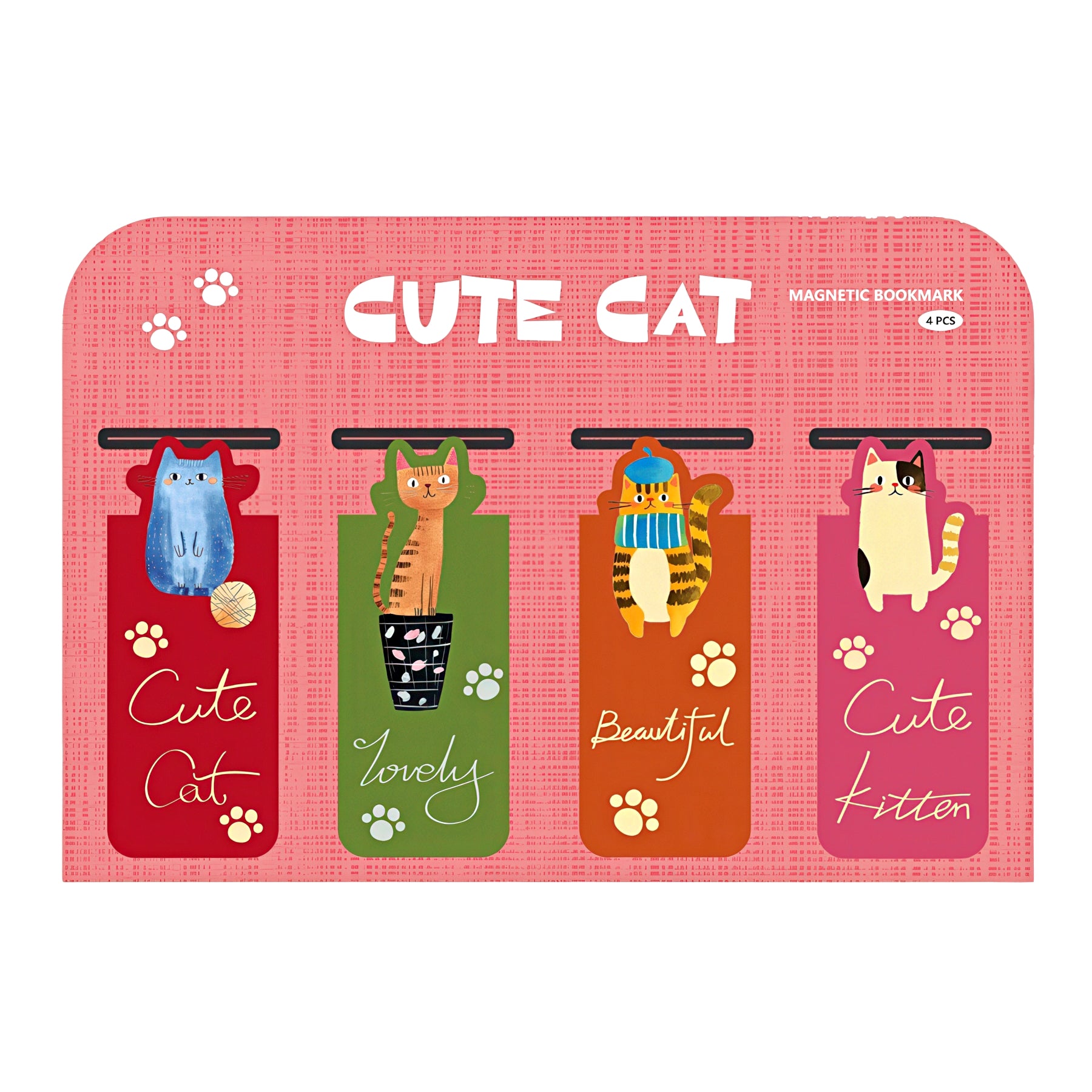 'Cute Cat' magnetic bookmarks with cartoon cat designs on a white background.