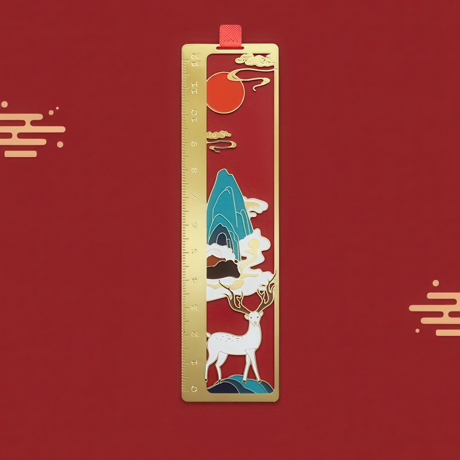 Decorative bookmark with a deer design on a red background