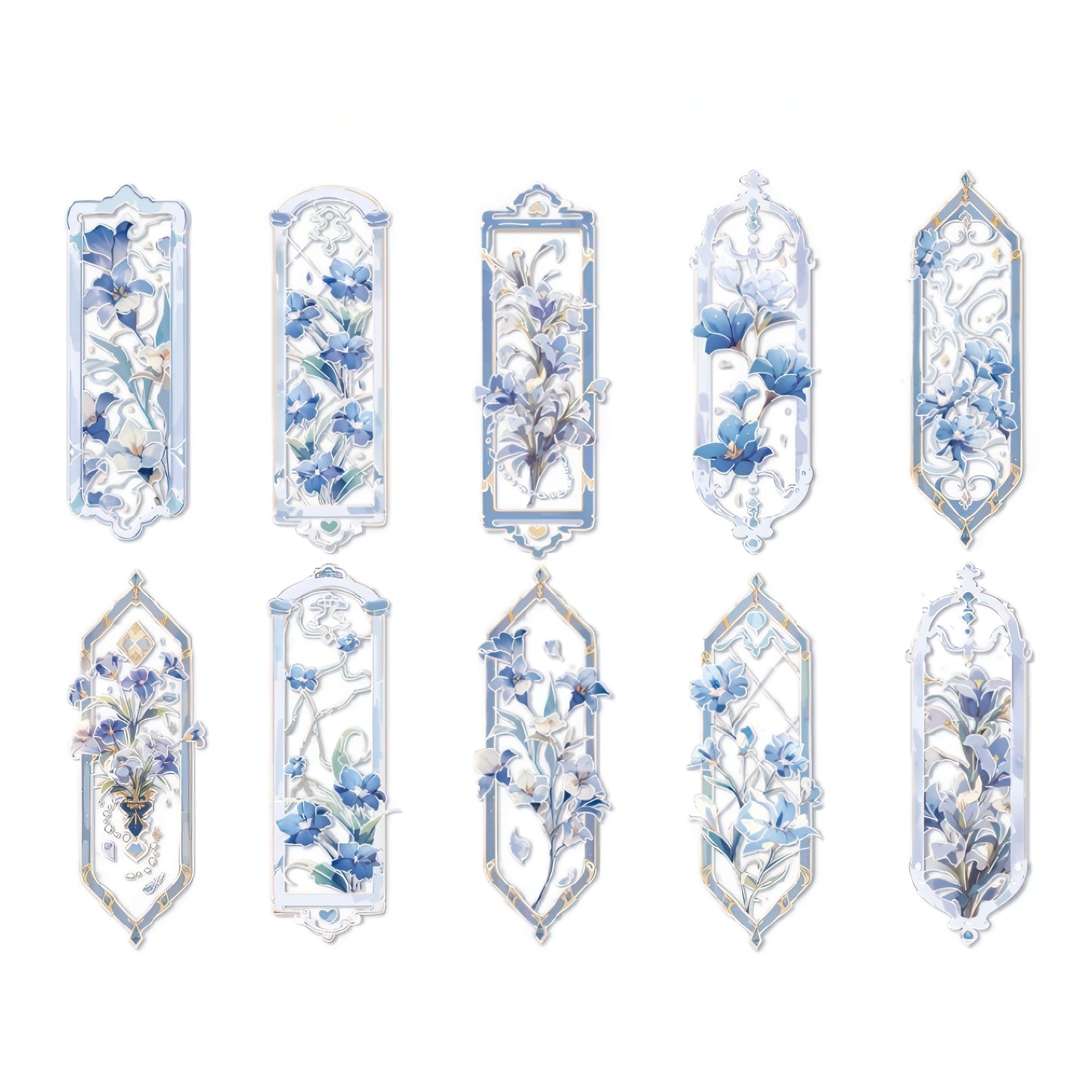 Decorative PVC bookmarks with floral designs on a white background