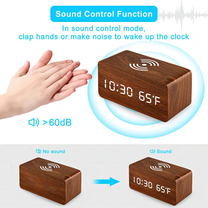 Wooden Alarm Clock with Wireless Charging