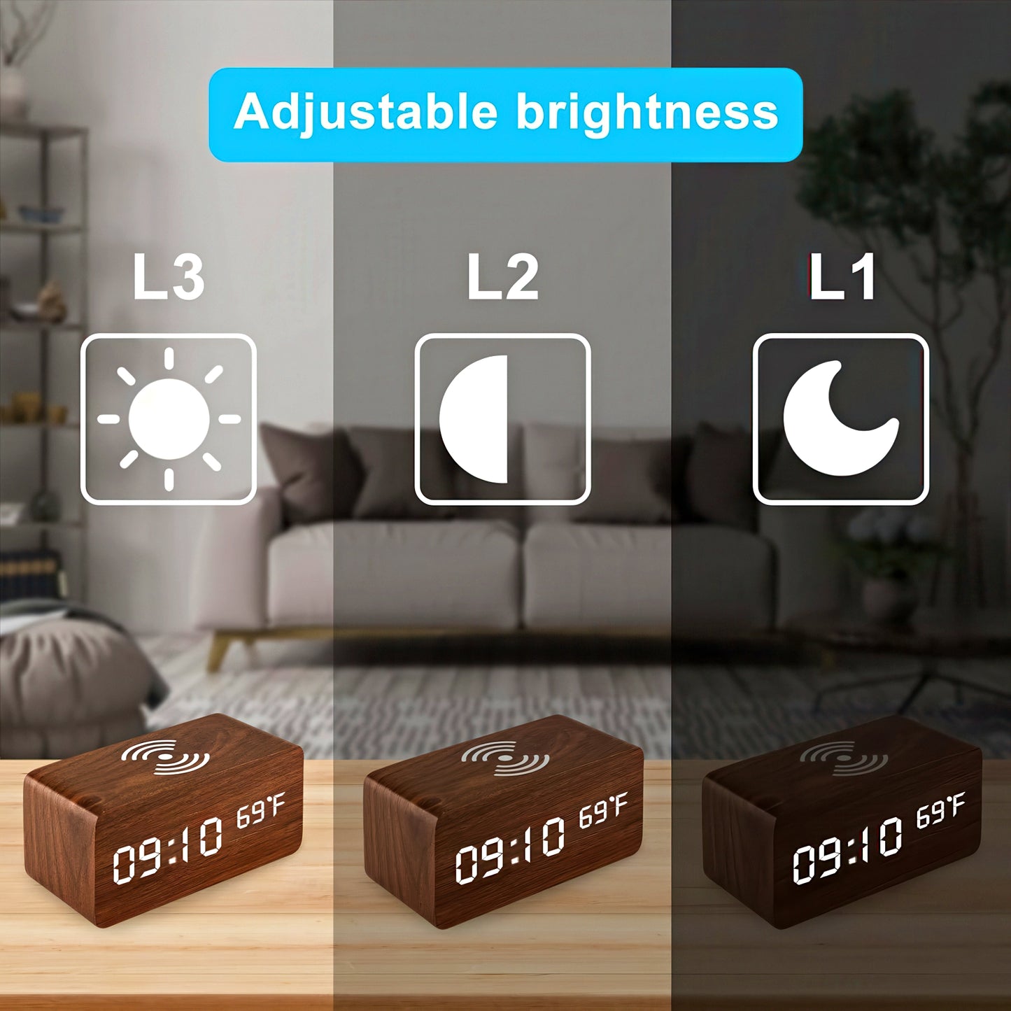 Wooden Alarm Clock with Wireless Charging