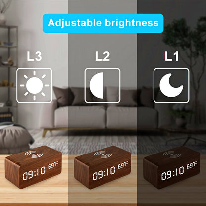 Wooden Alarm Clock with Wireless Charging