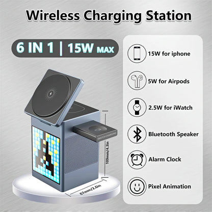 6 in 1 Wireless Charging Station with Pixel Display and Bluetooth Speaker