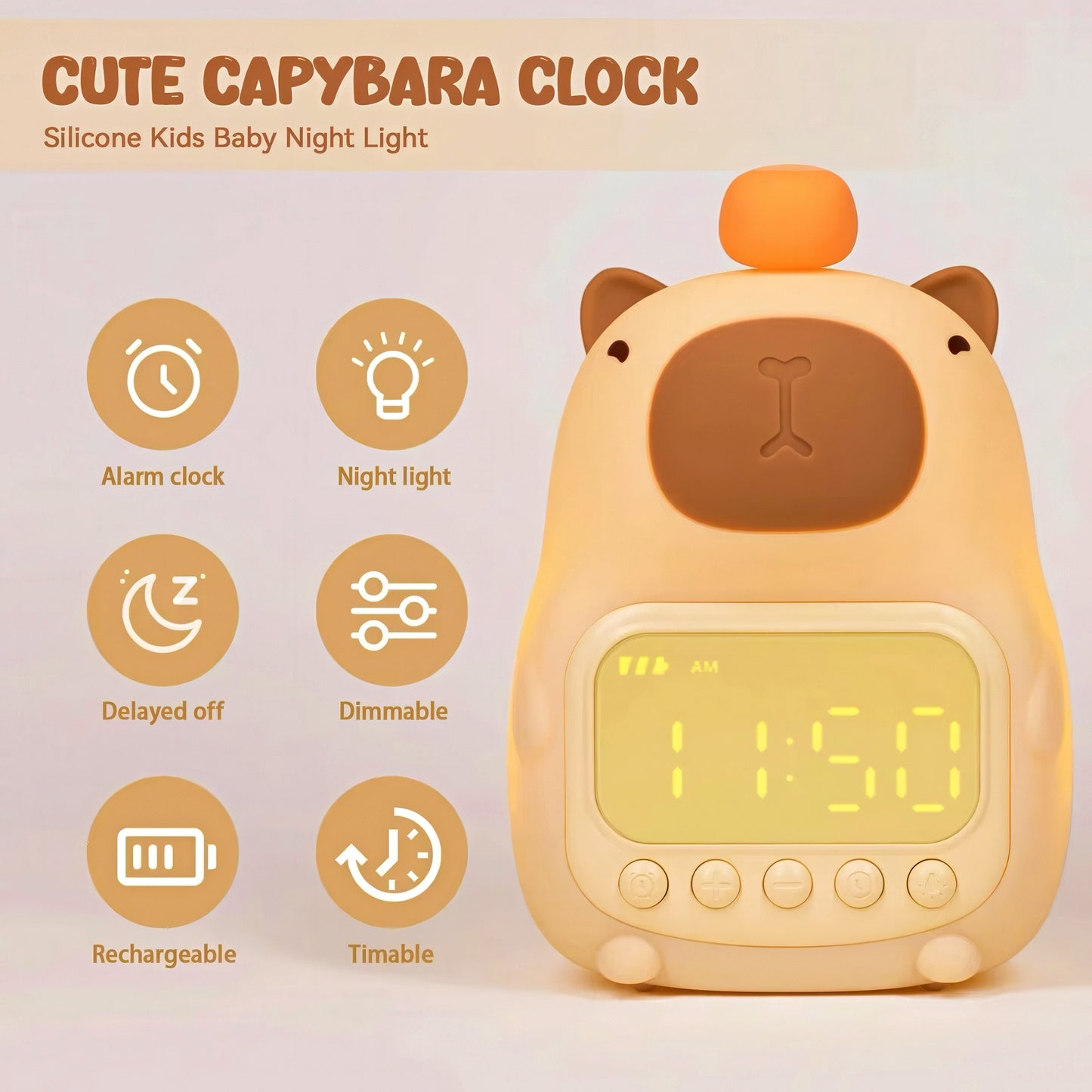 Cute Capybara Digital Alarm Clock with Nightlight