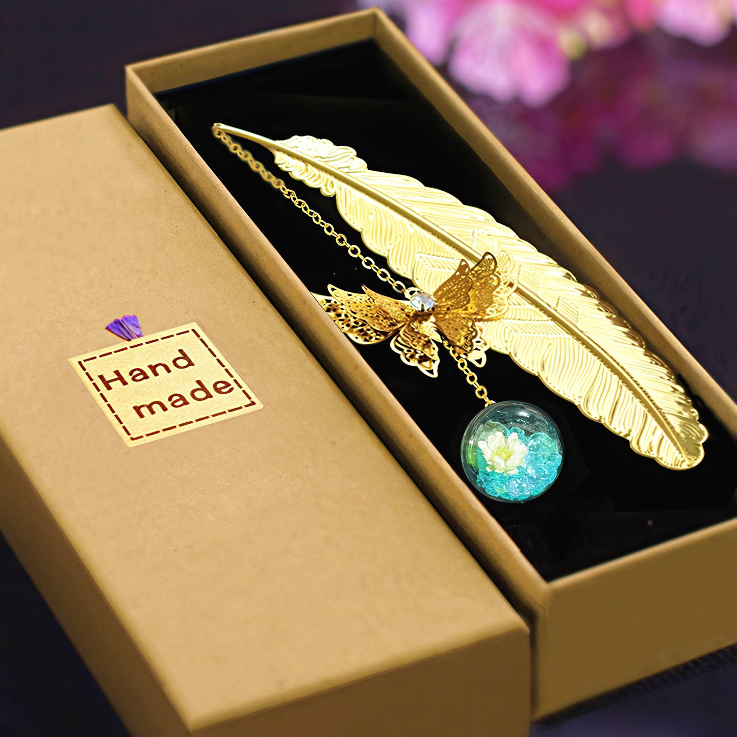 Feather Shaped Metal Bookmark with Glass Bead Charm