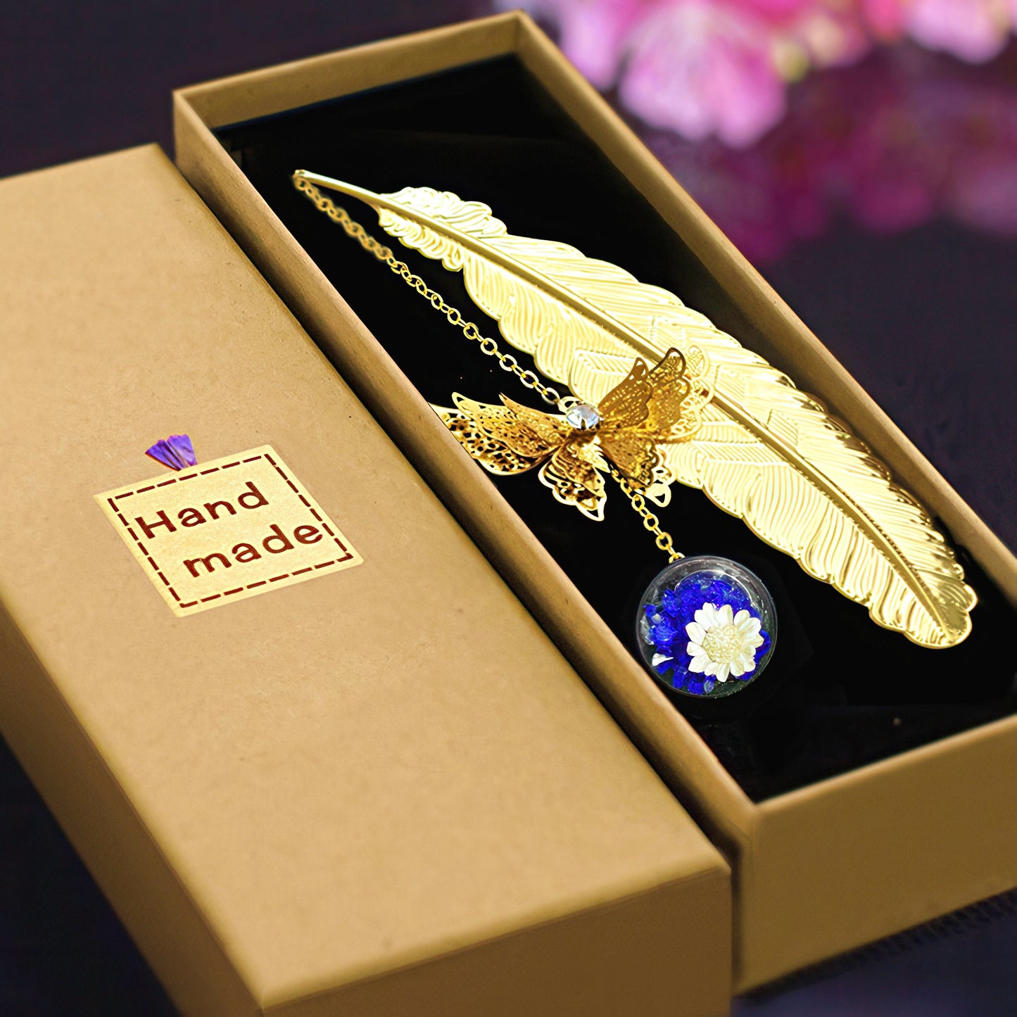 Feather Shaped Metal Bookmark with Glass Bead Charm