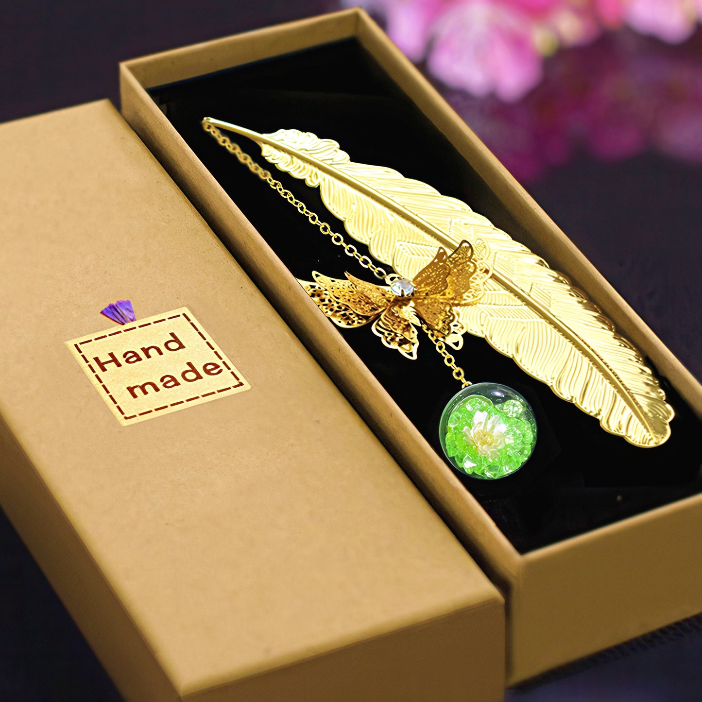 Feather Shaped Metal Bookmark with Glass Bead Charm