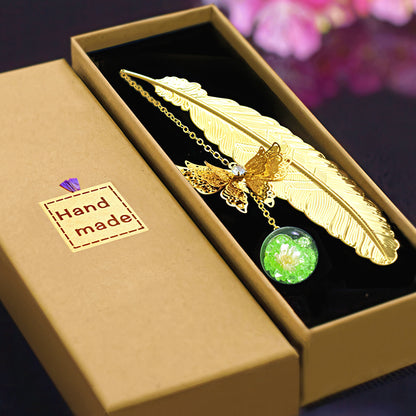 Feather Shaped Metal Bookmark with Glass Bead Charm