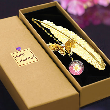 Feather Shaped Metal Bookmark with Glass Bead Charm
