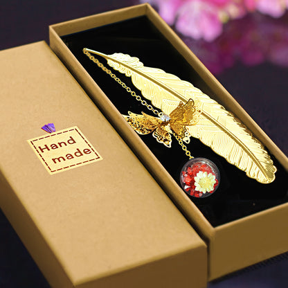 Feather Shaped Metal Bookmark with Glass Bead Charm