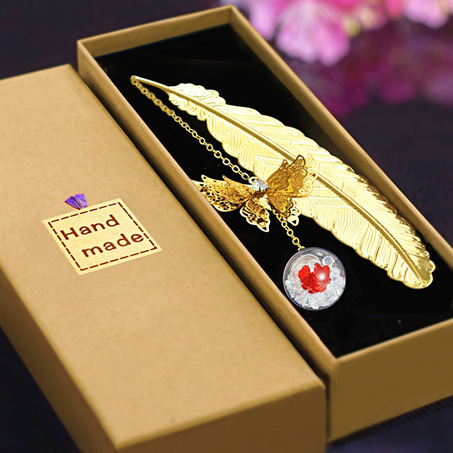 Feather Shaped Metal Bookmark with Glass Bead Charm