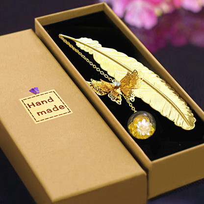Feather Shaped Metal Bookmark with Glass Bead Charm