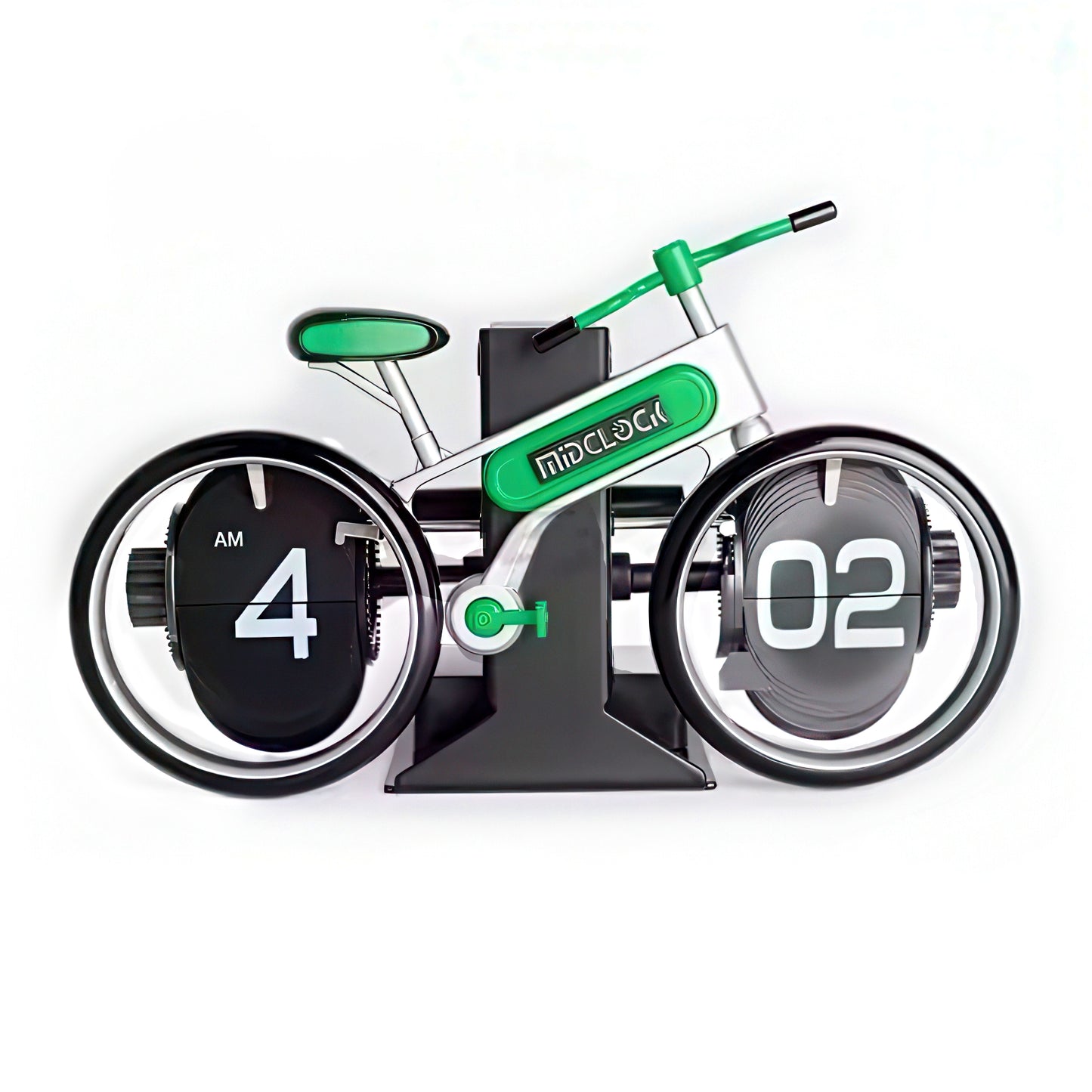 Bicycle-shaped clock with flip display on a white background