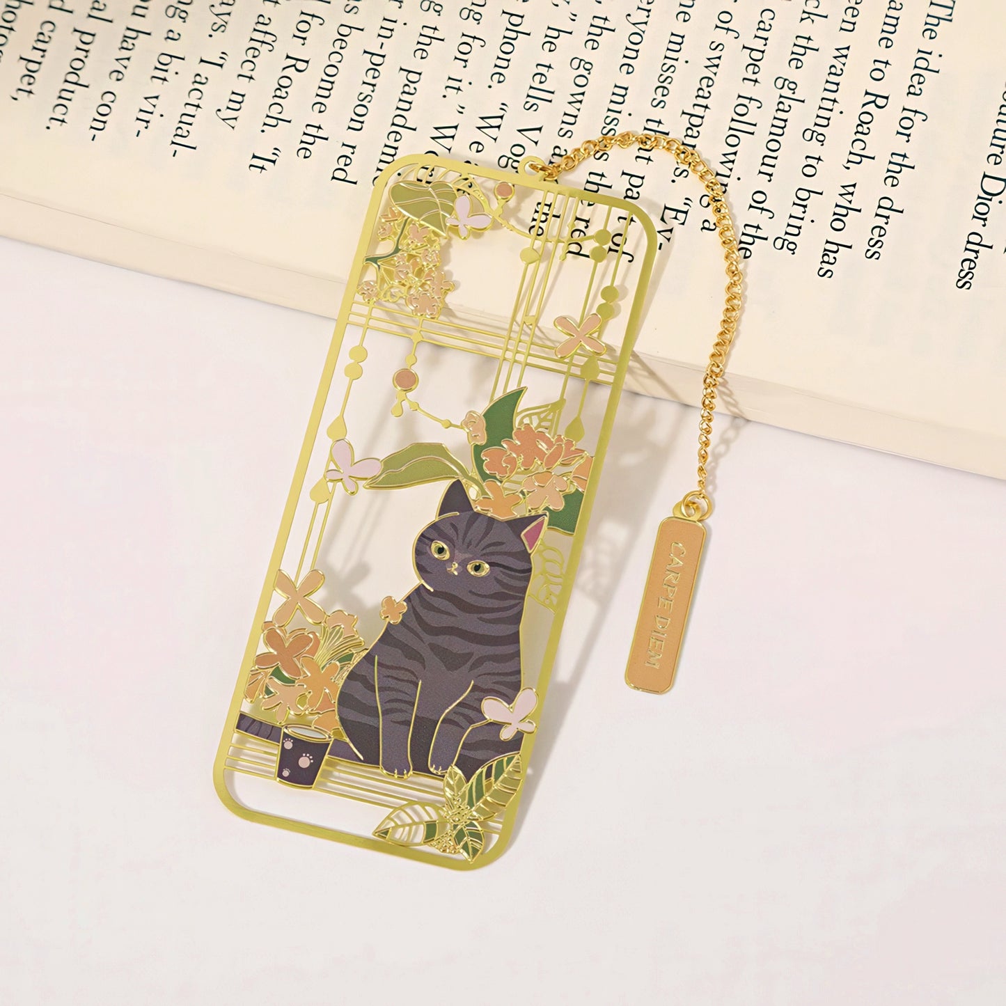 Cat and Flowers Themed Metal Bookmark