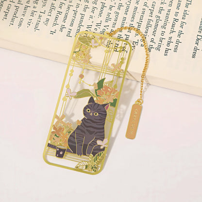 Cat and Flowers Themed Metal Bookmark