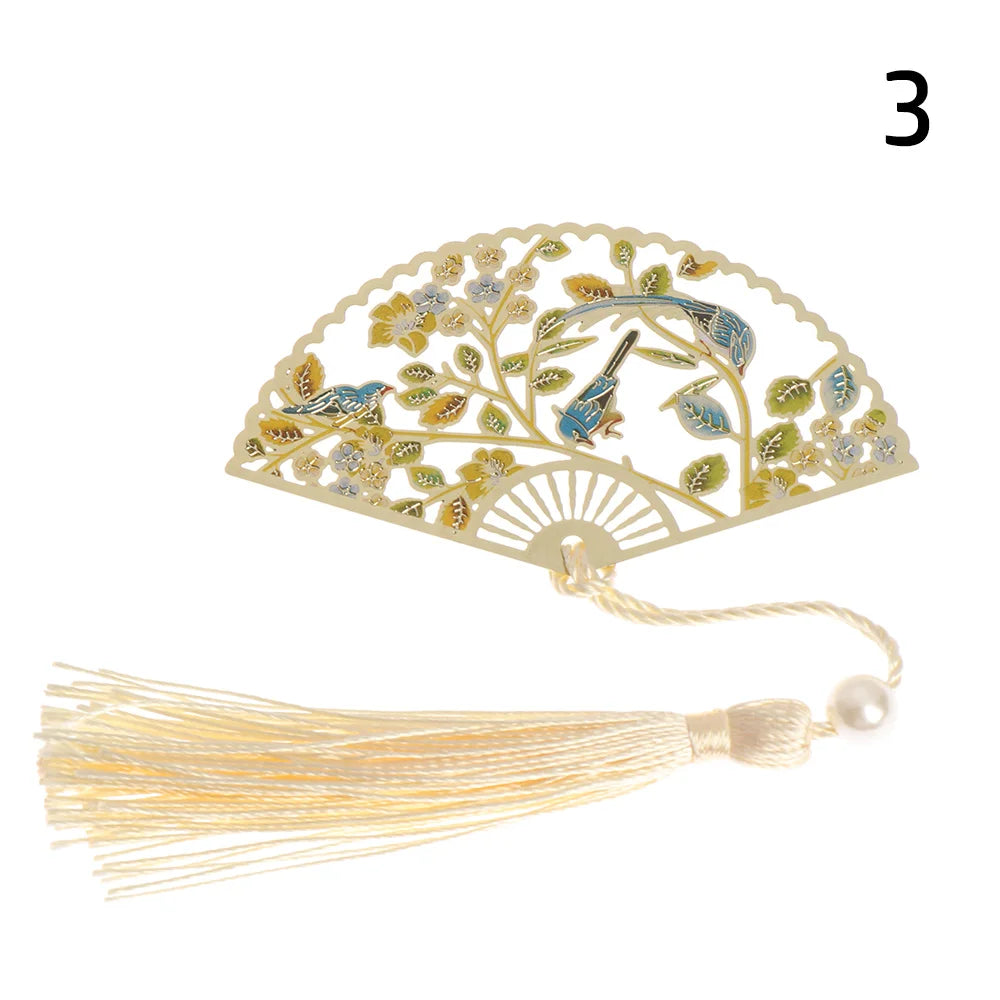 Chinese Retro Style Folding Fan Brass Bookmark Tasseled Hollow Out Book Clip Pagination Mark Stationery School Office Supply