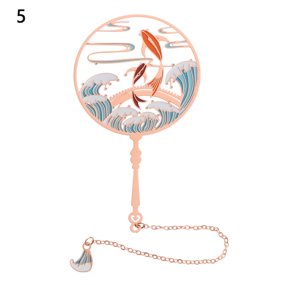 Chinese Retro Style Folding Fan Brass Bookmark Tasseled Hollow Out Book Clip Pagination Mark Stationery School Office Supply