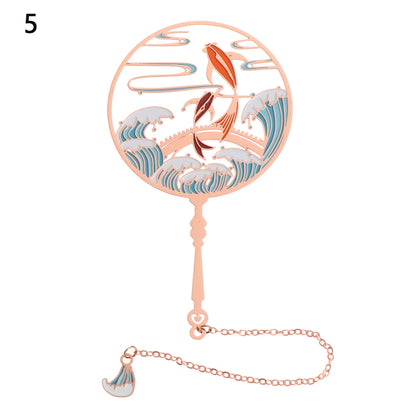 Chinese Retro Style Folding Fan Brass Bookmark Tasseled Hollow Out Book Clip Pagination Mark Stationery School Office Supply