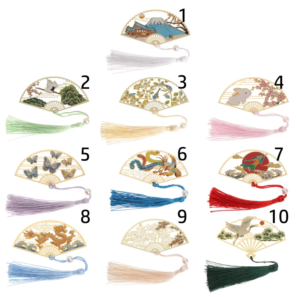Chinese Retro Style Folding Fan Brass Bookmark Tasseled Hollow Out Book Clip Pagination Mark Stationery School Office Supply