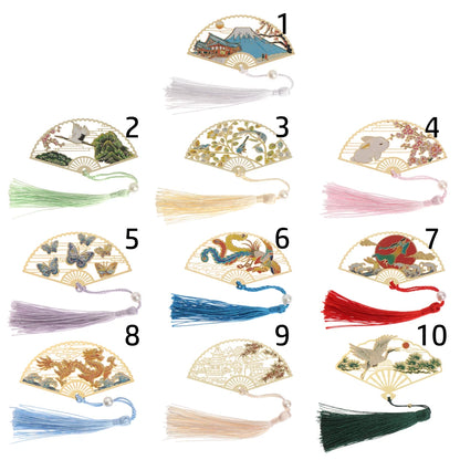 Chinese Retro Style Folding Fan Brass Bookmark Tasseled Hollow Out Book Clip Pagination Mark Stationery School Office Supply