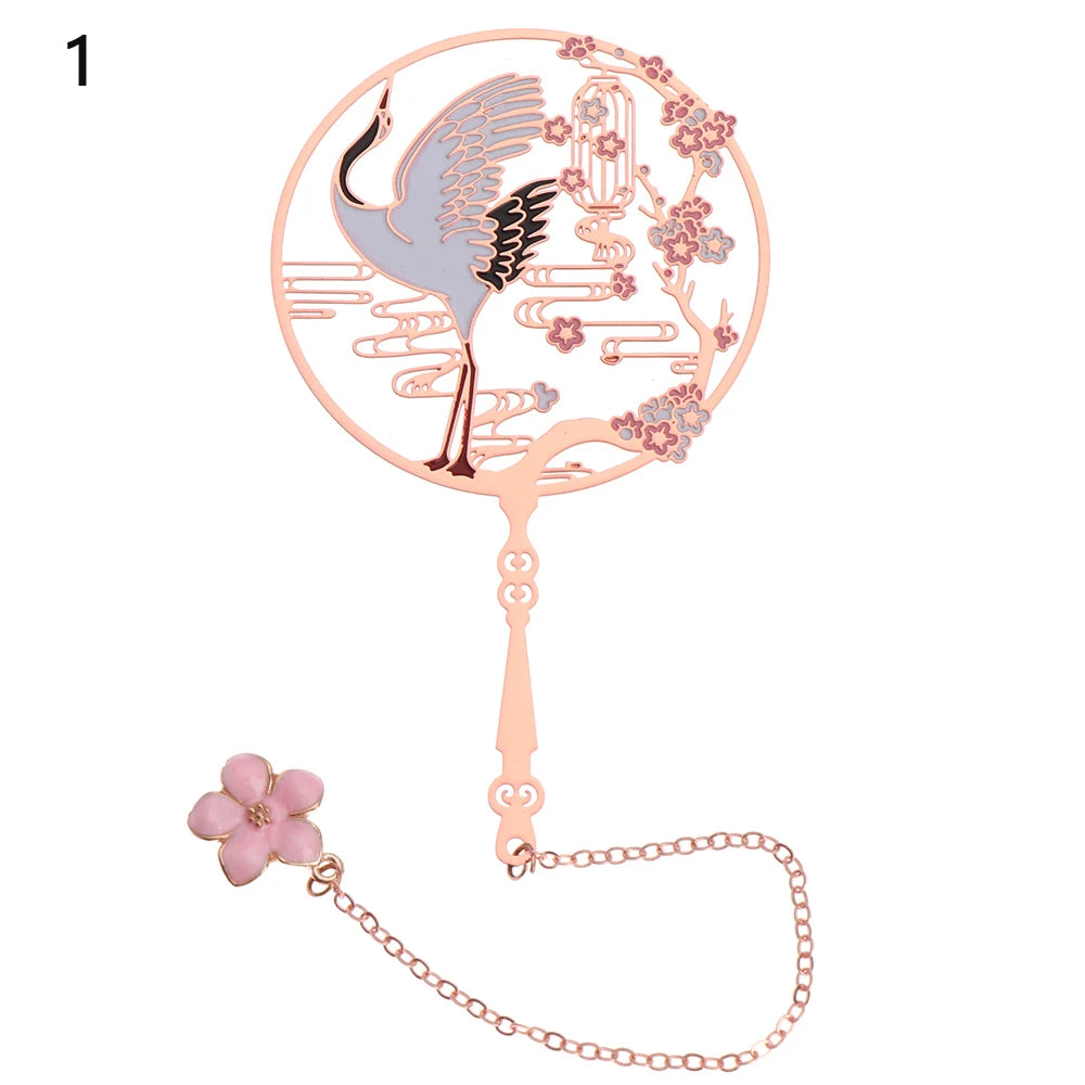 Chinese Retro Style Folding Fan Brass Bookmark Tasseled Hollow Out Book Clip Pagination Mark Stationery School Office Supply