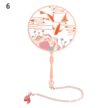 Chinese Retro Style Folding Fan Brass Bookmark Tasseled Hollow Out Book Clip Pagination Mark Stationery School Office Supply