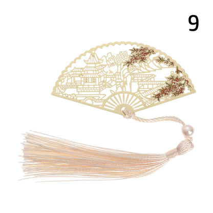 Chinese Retro Style Folding Fan Brass Bookmark Tasseled Hollow Out Book Clip Pagination Mark Stationery School Office Supply