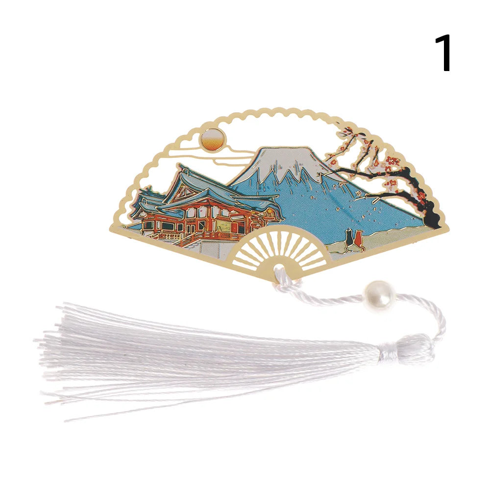 Chinese Retro Style Folding Fan Brass Bookmark Tasseled Hollow Out Book Clip Pagination Mark Stationery School Office Supply