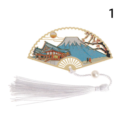 Chinese Retro Style Folding Fan Brass Bookmark Tasseled Hollow Out Book Clip Pagination Mark Stationery School Office Supply