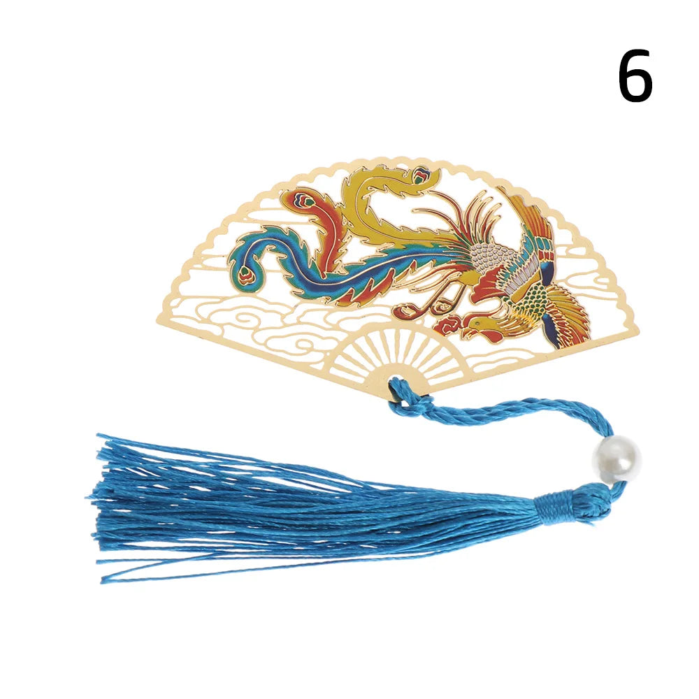 Chinese Retro Style Folding Fan Brass Bookmark Tasseled Hollow Out Book Clip Pagination Mark Stationery School Office Supply
