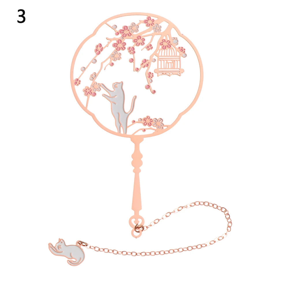 Chinese Retro Style Folding Fan Brass Bookmark Tasseled Hollow Out Book Clip Pagination Mark Stationery School Office Supply