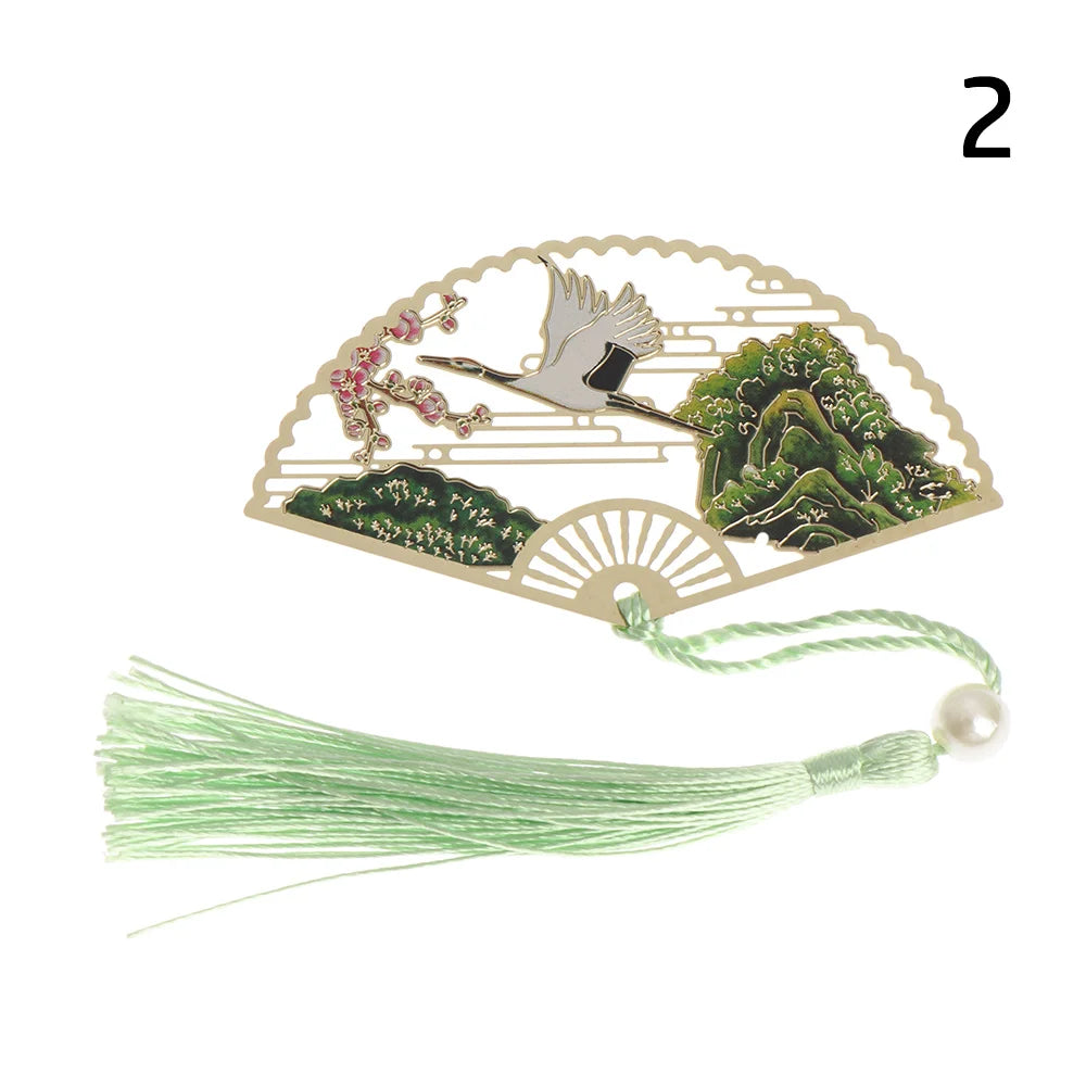 Chinese Retro Style Folding Fan Brass Bookmark Tasseled Hollow Out Book Clip Pagination Mark Stationery School Office Supply