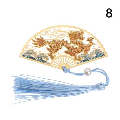Chinese Retro Style Folding Fan Brass Bookmark Tasseled Hollow Out Book Clip Pagination Mark Stationery School Office Supply
